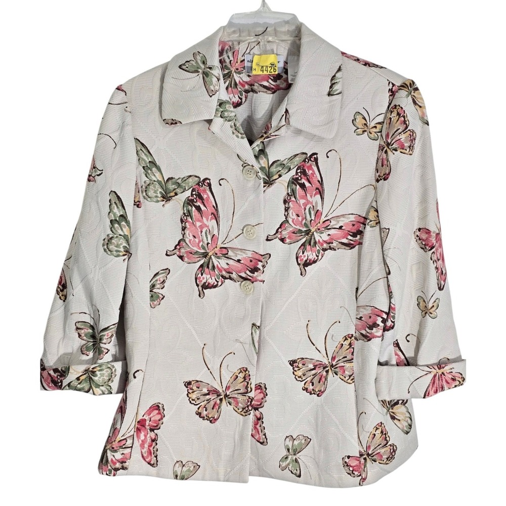 Alfred Dunner Petite Butterfly Print Jacquard Jacket  Blazer Cream Pink Size 10P
